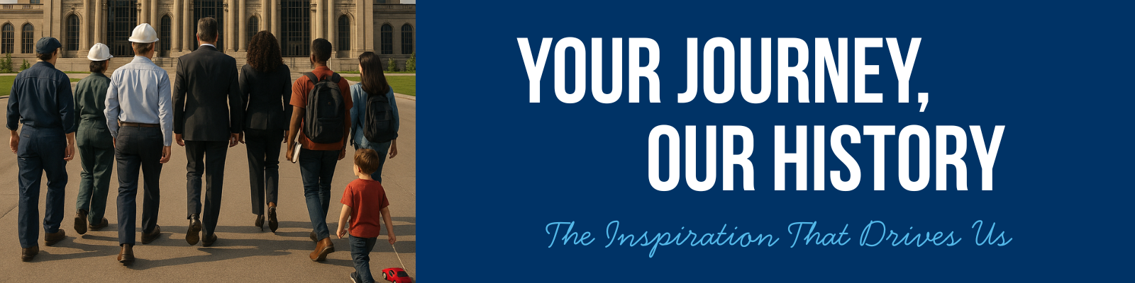 MBS 2025, Your Journey, Our History, Michigan Central Station rendering with automotive employees in front of it.